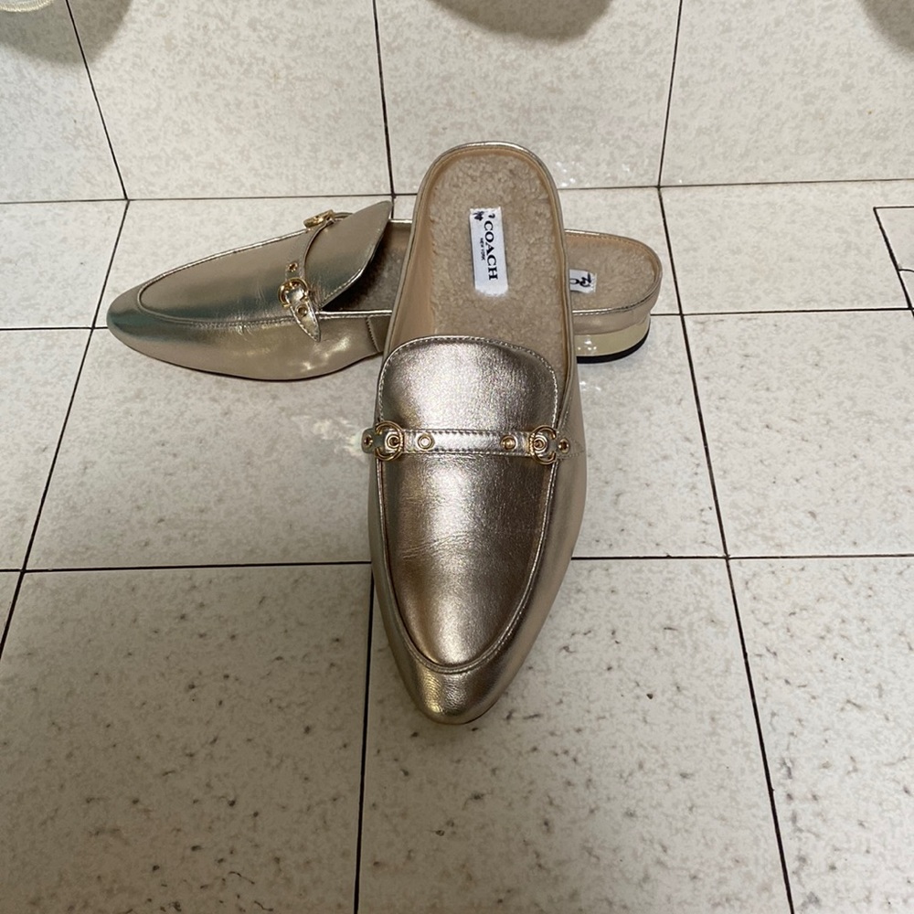 Coach Irene Shearling Mules GOLD size 8